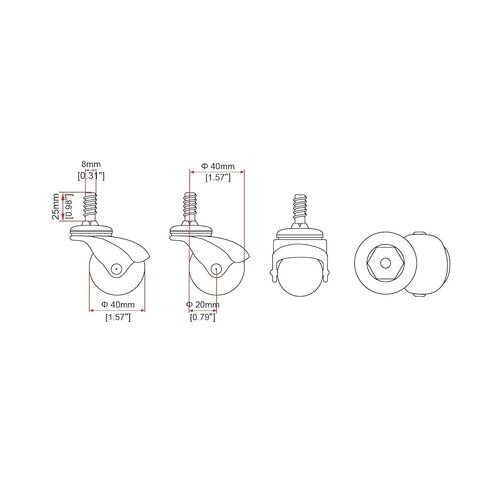 1-1/2" Diameter Antique Brass Swivel Hooded PVC Ball Caster 5/16-18 x 1" Threaded Stem 4 Pack in Saudi Arabia