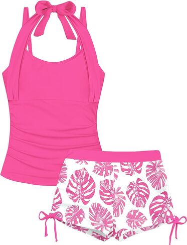 Yimoon Girls Swimsuit Teens Tankini Swimsuits 2 Piece Halterneck Tropical Bathing Suit Cute Swimwear for 9-16Y in Saudi Arabia