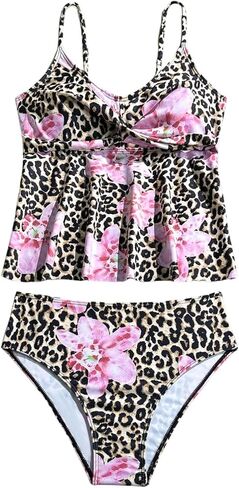 ملابس سباحة Verdusa للفتيات مكونة من قطعتين من تانكيني بنقشة الفهد والزهور وعقدة ملفوفة مع سروال داخلي من البيبلوم in Kuwait