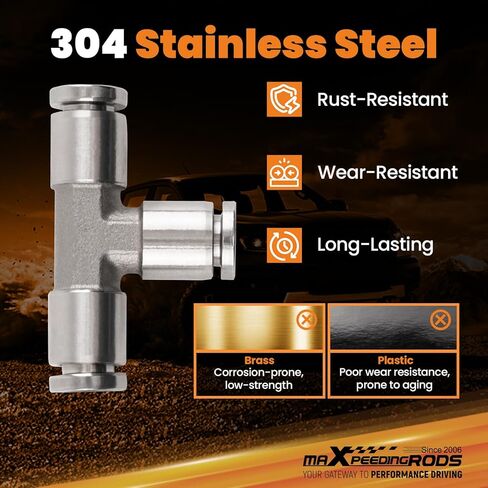 maXpeedingrods 6 mm OD Push to Connect Fittings, Air Line Fittings, Stainless Steel Union Tee, 3 Way Air Hoes Fittings Replacement for Air Suspension Kit & Air Compressor Kit for Trucks Vans, 2 Packs in Saudi Arabia