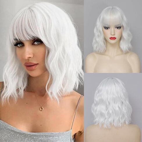Short White Wavy Wigs with Bangs White Bob Wig for Women 12 Inch Wig Synthetic Fiber Hair Wigs for Halloween Costume Use (Wig and Sunglasses) in Saudi Arabia