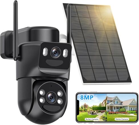 كاميرات أمان تعمل بالطاقة الشمسية بدقة 4K تعمل بالبطارية اللاسلكية في الهواء الطلق، 5 جيجا هرتز و2.4 جيجا هرتز بعدسة مزدوجة وكاميرا أمان خارجية بوصلة 360 درجة PTZ مع لوحة شمسية، تكبير رقمي 8X، رؤية ليلية ملونة (أسود) in Kuwait