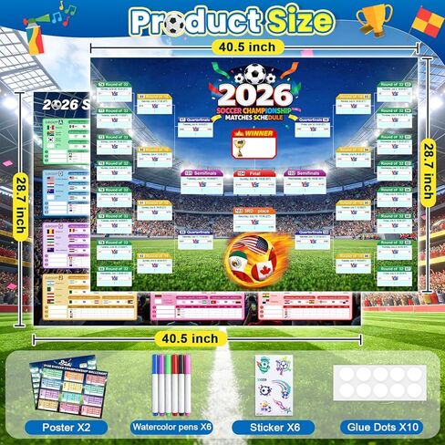 WUPIOS 2026 World Cup Schedule Poster Large Schedule Poster 40.5"×28.7", 2PCS World Cup Tournament Wall Chart & Markers, Football Poster 2026 World Cup Merchandise for Soccer Fans Gifts Party Decor in Saudi Arabia