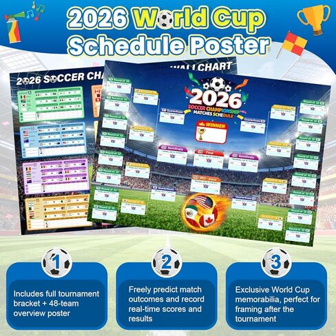 WUPIOS 2026 World Cup Schedule Poster Large Schedule Poster 40.5"×28.7", 2PCS World Cup Tournament Wall Chart & Markers, Football Poster 2026 World Cup Merchandise for Soccer Fans Gifts Party Decor in Saudi Arabia