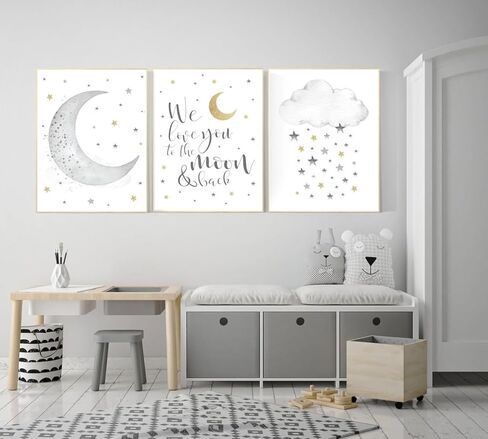 3 Pieces We Love You To The Moon And Back Poster Gray Gold Moon And Stars Prints Painting Modular Pictures Framed Artwork for Baby Room Baby Room with Inner Frame in Saudi Arabia