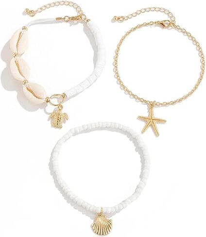 Starfish Anklet Bracelet for Women Stackable Puka Shell Anklet Starfish Ankle Bracelets Adjustable Shell Chain Ankelet Boho Seashell Beaded Anklet Waterproof Beach Foot Jewelry in Saudi Arabia