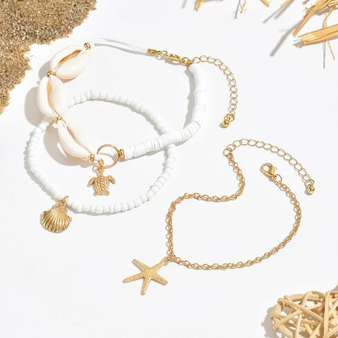 Starfish Anklet Bracelet for Women Stackable Puka Shell Anklet Starfish Ankle Bracelets Adjustable Shell Chain Ankelet Boho Seashell Beaded Anklet Waterproof Beach Foot Jewelry in Saudi Arabia