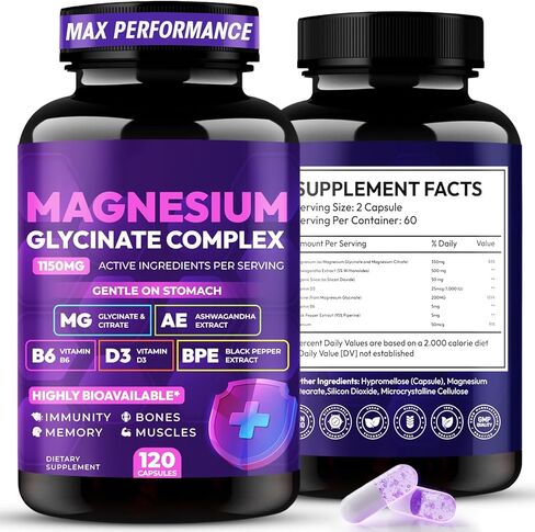 Magnesium Glycinate Complex 1150mg - Gentle on Stomach High Absorption Magnesium Capsules with Citrate, Silica, Ashwagandha & Vitamin B6 for Zzz, Stress Relief, Muscle Support for Adults, Women & Men in Saudi Arabia