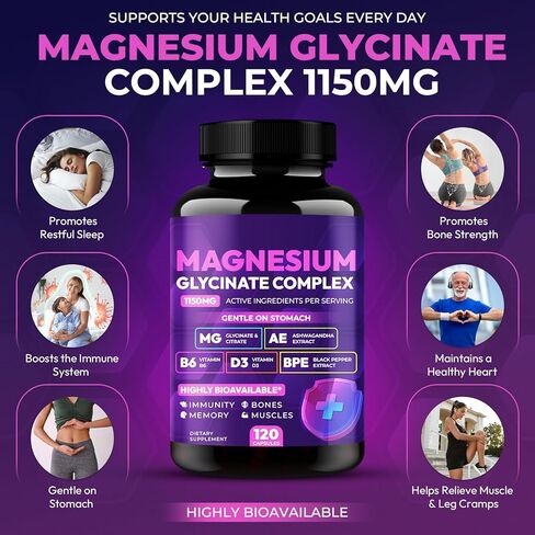 Magnesium Glycinate Complex 1150mg - Gentle on Stomach High Absorption Magnesium Capsules with Citrate, Silica, Ashwagandha & Vitamin B6 for Zzz, Stress Relief, Muscle Support for Adults, Women & Men in Saudi Arabia