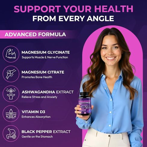 Magnesium Glycinate Complex 1150mg - Gentle on Stomach High Absorption Magnesium Capsules with Citrate, Silica, Ashwagandha & Vitamin B6 for Zzz, Stress Relief, Muscle Support for Adults, Women & Men in Saudi Arabia