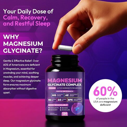 Magnesium Glycinate Complex 1150mg - Gentle on Stomach High Absorption Magnesium Capsules with Citrate, Silica, Ashwagandha & Vitamin B6 for Zzz, Stress Relief, Muscle Support for Adults, Women & Men in Saudi Arabia