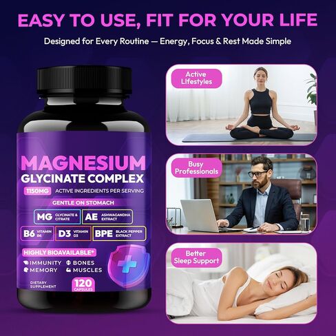 Magnesium Glycinate Complex 1150mg - Gentle on Stomach High Absorption Magnesium Capsules with Citrate, Silica, Ashwagandha & Vitamin B6 for Zzz, Stress Relief, Muscle Support for Adults, Women & Men in Saudi Arabia