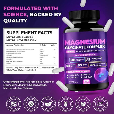 Magnesium Glycinate Complex 1150mg - Gentle on Stomach High Absorption Magnesium Capsules with Citrate, Silica, Ashwagandha & Vitamin B6 for Zzz, Stress Relief, Muscle Support for Adults, Women & Men in Saudi Arabia
