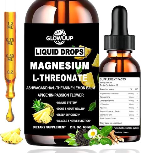 Magnesium L-Threonate Liquid Drops, Magnesium L Threonate Supplement w. Apigenin,Theanine,Lemon Balm for Sleep & Memory, Brain & Nerve Support, Fast Acting Liquid l Threonate Magnesium Than Capsules in Saudi Arabia