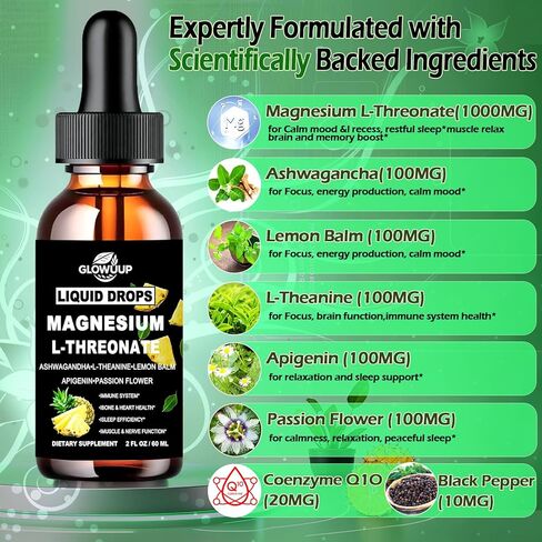 Magnesium L-Threonate Liquid Drops, Magnesium L Threonate Supplement w. Apigenin,Theanine,Lemon Balm for Sleep & Memory, Brain & Nerve Support, Fast Acting Liquid l Threonate Magnesium Than Capsules in Saudi Arabia