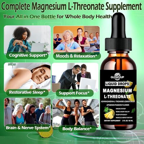 Magnesium L-Threonate Liquid Drops, Magnesium L Threonate Supplement w. Apigenin,Theanine,Lemon Balm for Sleep & Memory, Brain & Nerve Support, Fast Acting Liquid l Threonate Magnesium Than Capsules in Saudi Arabia