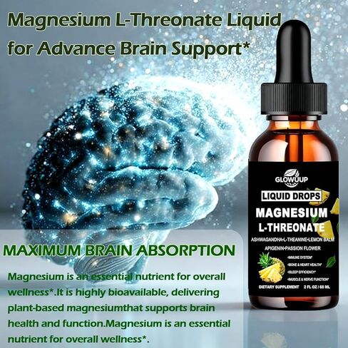 Magnesium L-Threonate Liquid Drops, Magnesium L Threonate Supplement w. Apigenin,Theanine,Lemon Balm for Sleep & Memory, Brain & Nerve Support, Fast Acting Liquid l Threonate Magnesium Than Capsules in Saudi Arabia