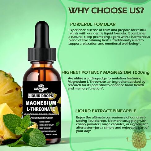Magnesium L-Threonate Liquid Drops, Magnesium L Threonate Supplement w. Apigenin,Theanine,Lemon Balm for Sleep & Memory, Brain & Nerve Support, Fast Acting Liquid l Threonate Magnesium Than Capsules in Saudi Arabia