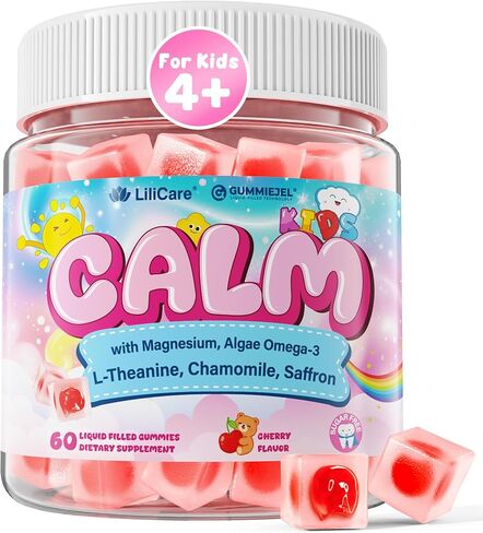 Kids Calm Magnesium Bisglycinate Saffron Gummies + Vegan Omega 3 - Magnesium Glycinate Chelated Supplement for Kids w/L-Theanine & Chamomile, Natural Calming Supplement Focus Gummies Sugar Free, 60ct in Kuwait