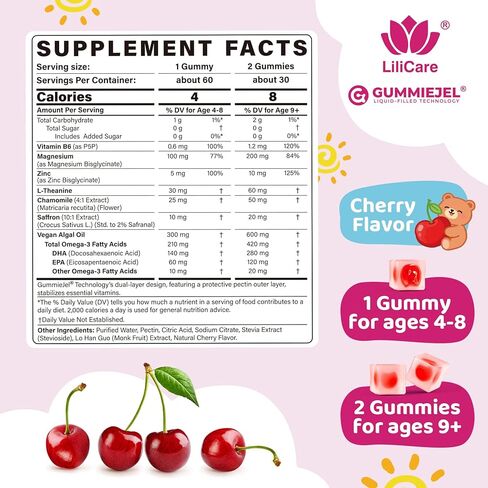 Kids Calm Magnesium Bisglycinate Saffron Gummies + Vegan Omega 3 - Magnesium Glycinate Chelated Supplement for Kids w/L-Theanine & Chamomile, Natural Calming Supplement Focus Gummies Sugar Free, 60ct in Kuwait