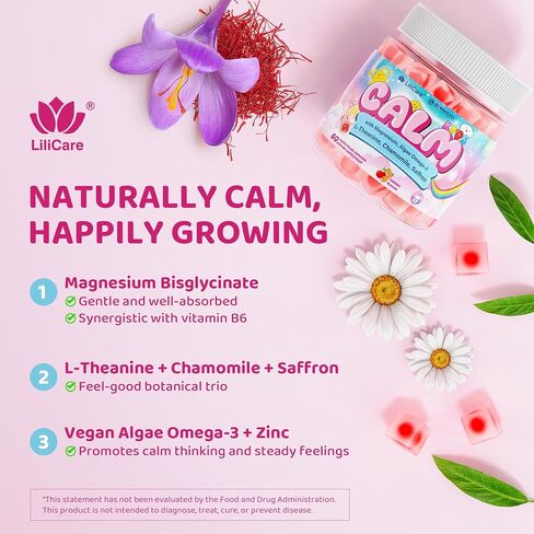 Kids Calm Magnesium Bisglycinate Saffron Gummies + Vegan Omega 3 - Magnesium Glycinate Chelated Supplement for Kids w/L-Theanine & Chamomile, Natural Calming Supplement Focus Gummies Sugar Free, 60ct in Kuwait
