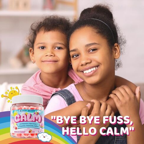 Kids Calm Magnesium Bisglycinate Saffron Gummies + Vegan Omega 3 - Magnesium Glycinate Chelated Supplement for Kids w/L-Theanine & Chamomile, Natural Calming Supplement Focus Gummies Sugar Free, 60ct in Kuwait