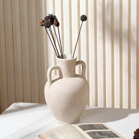 Handmade Ceramic Decorative Vase – Warm White Rustic Textured 10.4" Round Vase with Irregular Waves and Weathered Stone Finish for Home, Office, Farmhouse Decor in Saudi Arabia