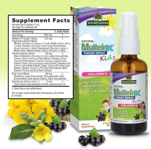 إجابة الطبيعة Mullein X Kids Throat Spray 2oz - خالي من الغلوتين، نباتي، خالي من الكحول، غير معدل وراثيا، يزيل المخاط، يهدئ الحلق المتهيج، صنع في الولايات المتحدة الأمريكية - دعم للأطفال والصغار - حجم السفر in Kuwait