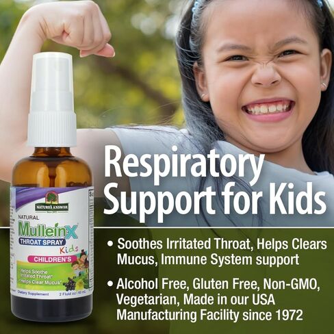 إجابة الطبيعة Mullein X Kids Throat Spray 2oz - خالي من الغلوتين، نباتي، خالي من الكحول، غير معدل وراثيا، يزيل المخاط، يهدئ الحلق المتهيج، صنع في الولايات المتحدة الأمريكية - دعم للأطفال والصغار - حجم السفر in Kuwait