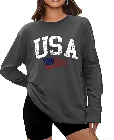 KESIHAN Women USA American Flag Shirt Long Sleeve Graphic Tees for Women Casual Crew Neck Top in Saudi Arabia