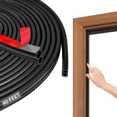 40FT Rubber Weather Stripping Door Seal, Self Adhesive Extra Thick D-Shaped Door Insulation Strip for Large Gap, Block Drafts, Noise Reduction, Door Soundproofing Strip(Black) in Kuwait
