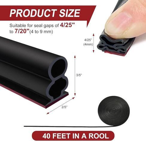 40FT Rubber Weather Stripping Door Seal, Self Adhesive Extra Thick D-Shaped Door Insulation Strip for Large Gap, Block Drafts, Noise Reduction, Door Soundproofing Strip(Black) in Kuwait