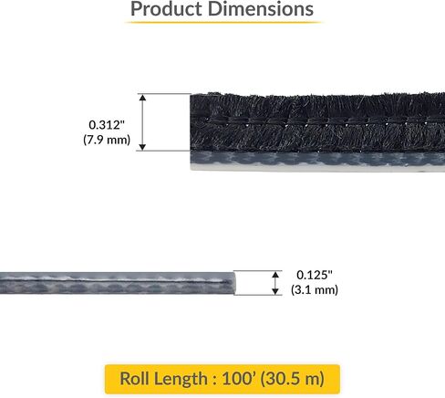 Brixwell Adjustable Astragal Pile Weatherstrip 0.312" Pile Height, 7/16" Overall Height, 100' Roll, Black Finish- Seal Strip for Air, Moisture, and Draft Control in Residential or Commercial Use in Kuwait
