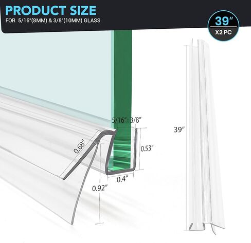Bathroom Shower Glass Door Bottom Seal Strips, Length 39 Inch 2PCS Transparent PVC Door Bottom Seall Strips for 5/16" (8mm) -3/8"(10mm) Thick Framless Glass Panel in Kuwait