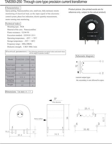 TA8350-250 1:2500 الإدخال 0-60A الإخراج 0-24mA الاستشعار الحالي الأساسية من خلال محول التيار الدقيق in Kuwait