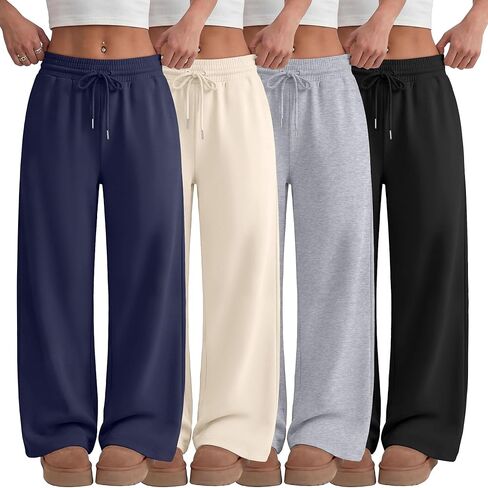4 Pack Teen Girls Sweatpants Wide Leg Drawstring Jogger Pants Straight Leg Athletic Trousers with Pockets Size 5-14 in Saudi Arabia