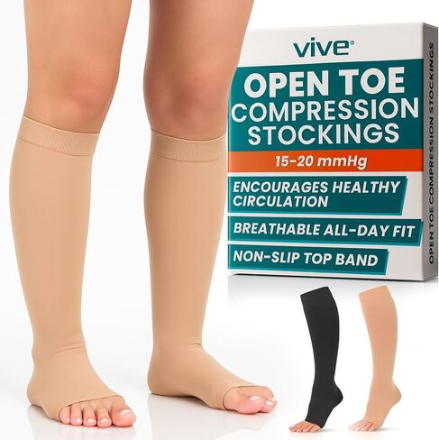 Vive 15-20 mmHg Medical Grade Compression Socks for Women & Men Open Toe - Knee High Support Stockings for Varicose Veins, Lymphedema, Plantar Fasciitis, Pregnancy, Restless Legs Syndrome, Swelling in Saudi Arabia