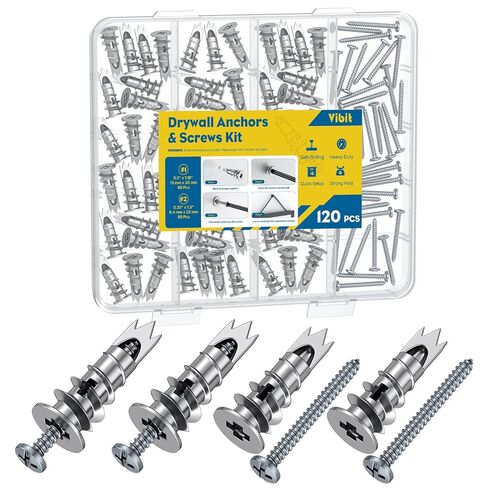 Vibit Self Drilling Drywall Anchors, Heavy Duty Wall Anchors for Drywall, Metal Dry Wall Anchors and Screws Kit, Zinc Alloy Sheetrock Anchors with #6 x 1 5/16" Screws, Picture Hanging Kit, 120 Pcs in Kuwait