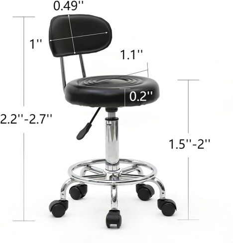 Adjustable Rolling Stool with Backrest, 360° Swivel, Black PU Leather, 18.5-24.2 inch Height in Saudi Arabia