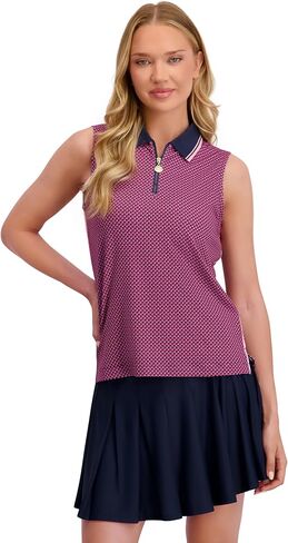 Stella Parker Womens Ribbed Sleeveless Polo Top – UPF 50+, Stretch Fabric, Contrast Collar, Zip Front in Saudi Arabia