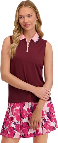 Stella Parker Womens Ribbed Sleeveless Polo Top – UPF 50+, Stretch Fabric, Contrast Collar, Zip Front in Saudi Arabia