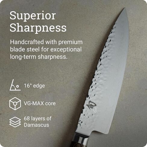 سكين الشيف Shun Premier مقاس 8 بوصات، سكين مطبخ ياباني مصنوع يدويًا للطهاة المحترفين والمنزليين، قلب VG-MAX مع غطاء من الفولاذ المقاوم للصدأ الدمشقي، مقبض من خشب الباكا in Kuwait