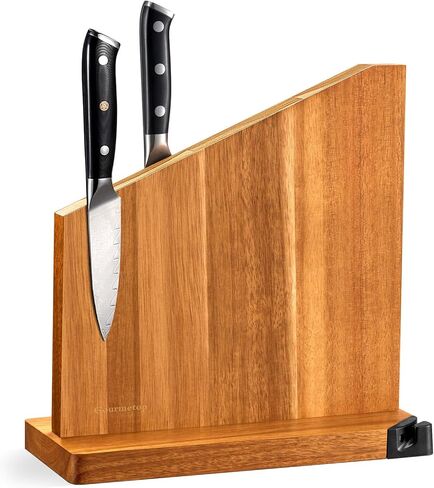Gourmetop Magnetic Knife Holder with Built-in Sharpener, 100% Acacia Wood Magnetic Knife Block without Knives, Strong Double-Sided Magnetic Knife Holder for Kitchen Countertop Organization, Dark Wood in Saudi Arabia