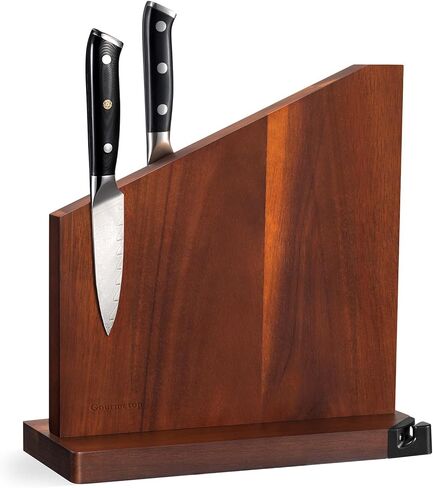 Gourmetop Magnetic Knife Holder with Built-in Sharpener, 100% Acacia Wood Magnetic Knife Block without Knives, Strong Double-Sided Magnetic Knife Holder for Kitchen Countertop Organization, Dark Wood in Saudi Arabia