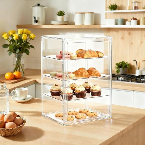 علبة عرض معجنات أكريليك قابلة للتعديل من 4 طبقات مع أبواب مغناطيسية، صندوق خبز مخبز على سطح المنضدة لكعك الدونات والبسكويت، درجة طعام شفافة، 15.75 × 11.81 × 9.84 بوصة، عبوة واحدة in Kuwait