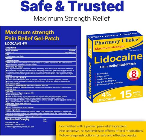 4% Lidocaine Maximum Strength Pain Relief Gel Patches,Numbing Gel Patch for Back, Shoulder, Muscle, Joints, Knee Pain Relief,15 Counts in Kuwait