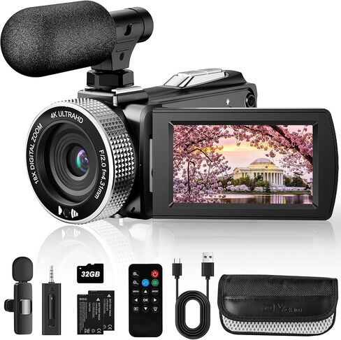 Video Camera Camcorder Digital Camera Recorder with Wireless Lavalier Microphone, 4K 48MP Vlogging Camera for YouTube 18X Digital Zoom Camcorder Camera with Remote, 32GB Card, 2 Batteries in Kuwait