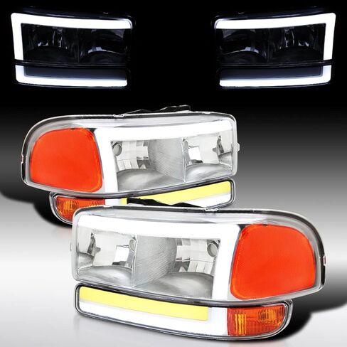 Autozensation متوافق مع 1999-2006 GMC Sierra 1500/2500/3500، مصابيح أمامية أنبوبية LED بدخان أسود + مصابيح مصد متتابعة in Kuwait