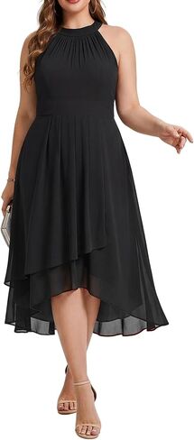 Ever-Pretty Plus Women's Sleeveless Halter A Line Pleated High Low Plus Size Wedding Guest Cocktail Dresses 31926-DA in Kuwait
