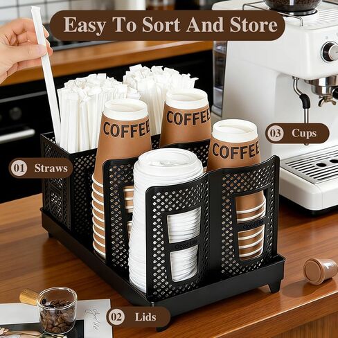 Cup and Lid Holder, 6 Slots Coffee Cup and Lid Storage Holder with Straw Organizer for Coffee Station Bar Office Home Countertop Breakroom Restaurant in Saudi Arabia